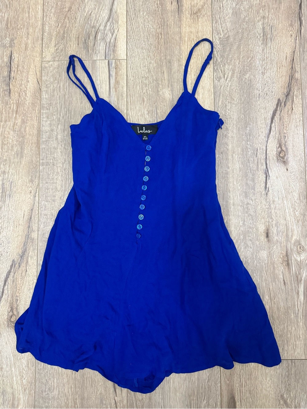 Lulu's brand new Cobalt Blue Spaghetti Strap Button-Front shorts romper